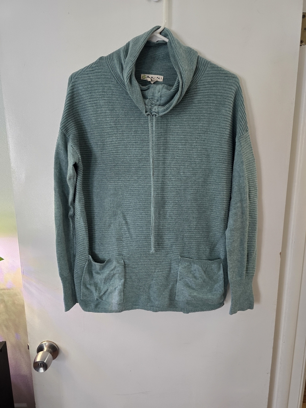 Dakini Teal Ribbed Funnel Neck Sweater Womens Cozy Quarter Zip Pullover